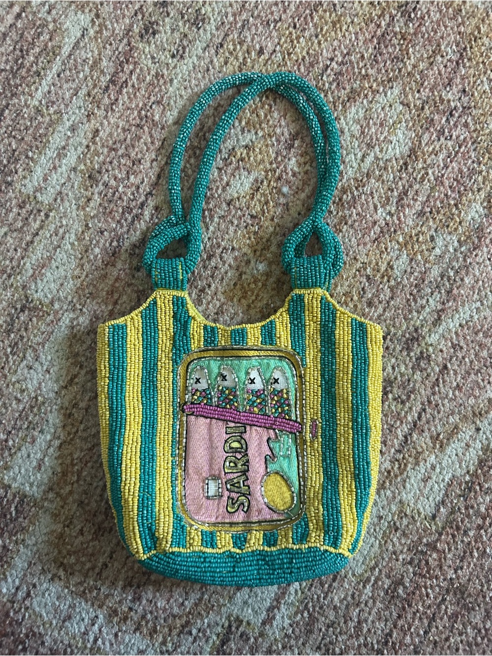 Beaded Stripe Tote Bag with Novelty Sardine Can Motif - Teal & Yellow